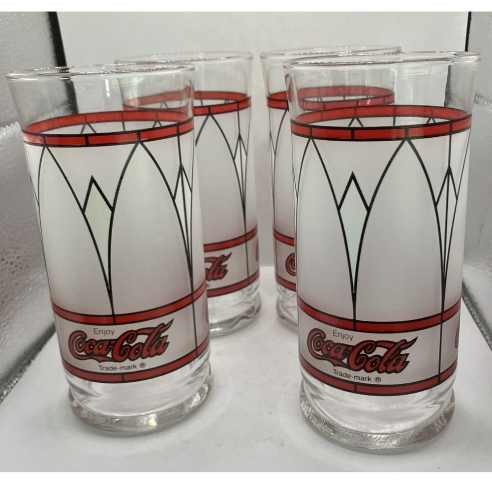 Vintage Coca-Cola Stained Glass Tiffany Style Drinking Glasses Set of 4 Retro